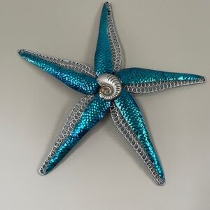 Metal starfish art, turquoise with silver wire detailing, set of two 10” and 5”